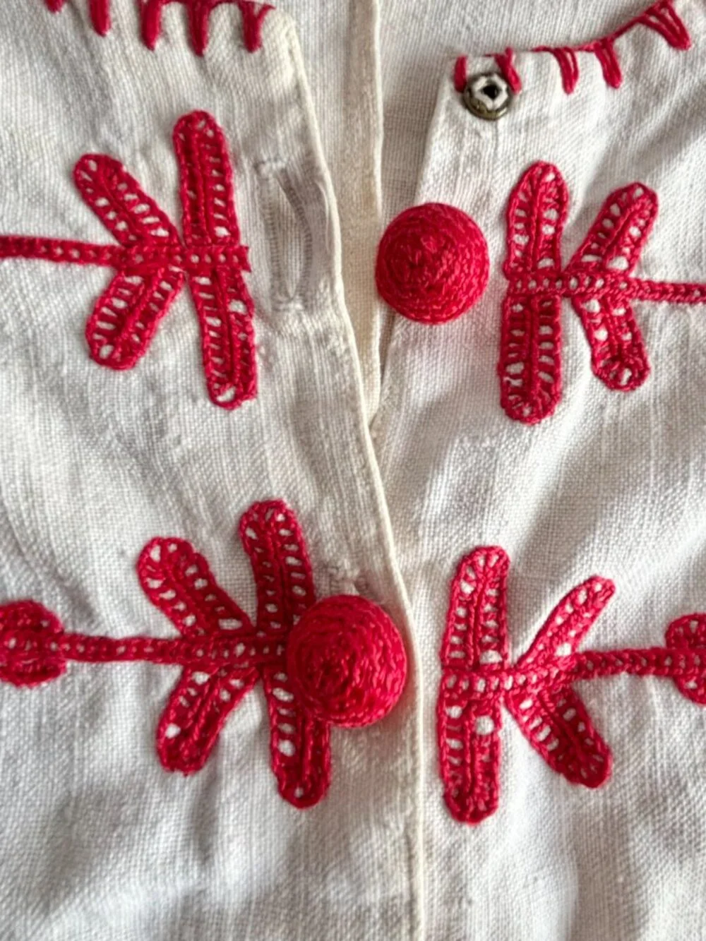 Vintage White Linen Handmade Embroidered Hungarian Folk Style Dress